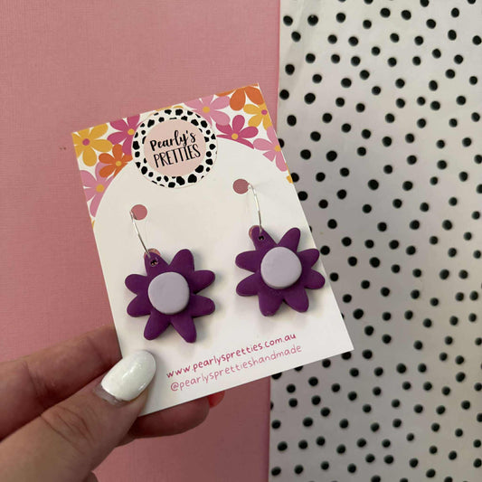 Daisy Daze Polymer Clay Dangle hoop earrings - Dark purple/Lilac