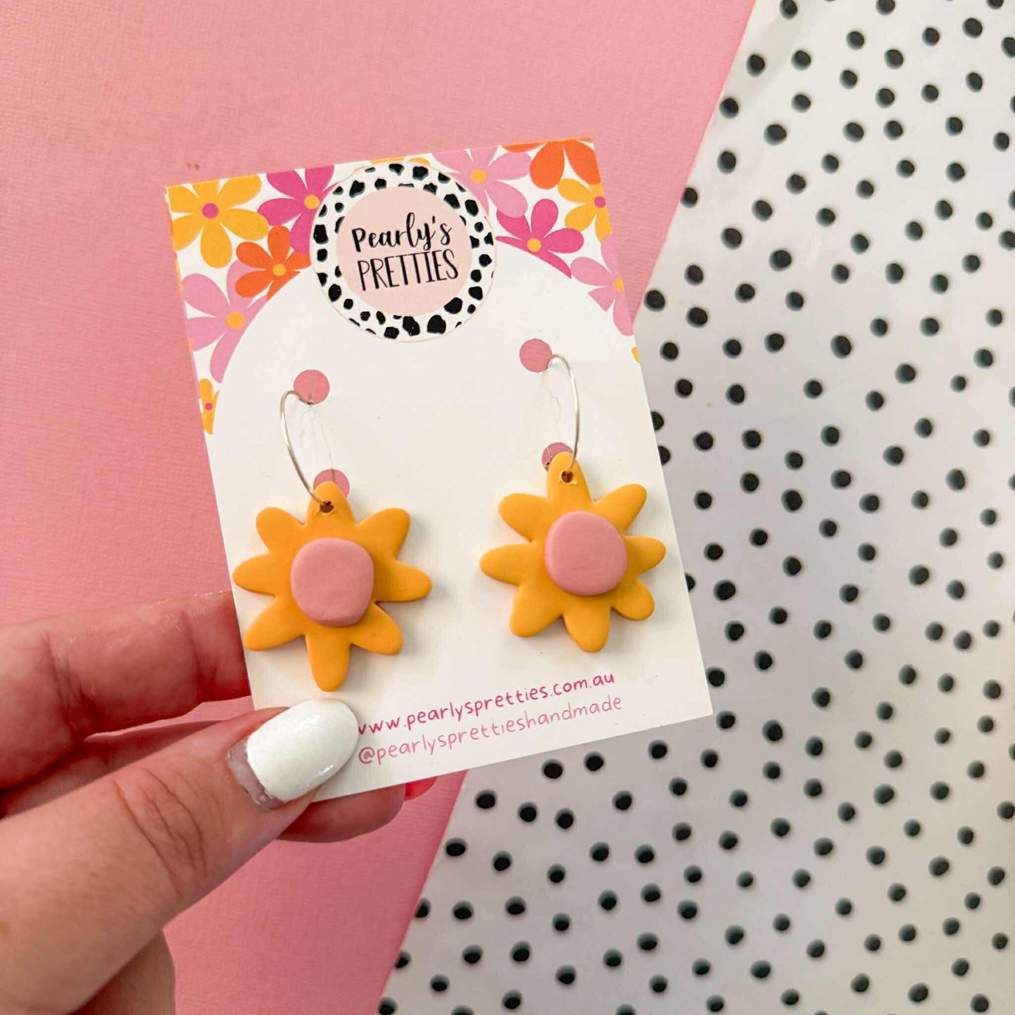 Daisy Daze Polymer Clay Dangle hoop earrings - Mustard/Dusty Pink