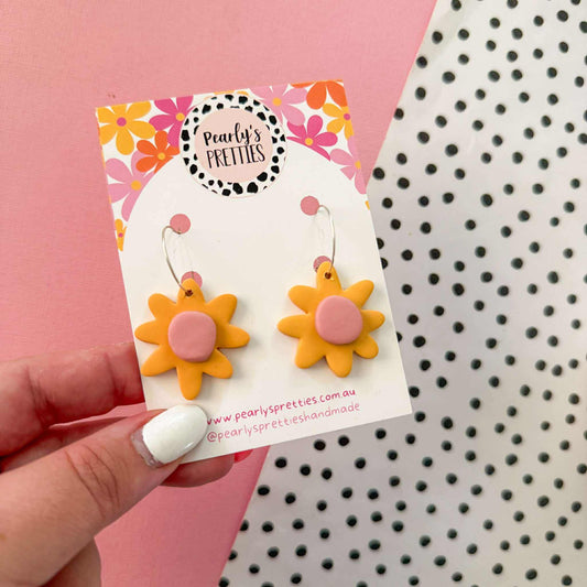 Daisy Daze Polymer Clay Dangle hoop earrings - Mustard/Dusty Pink