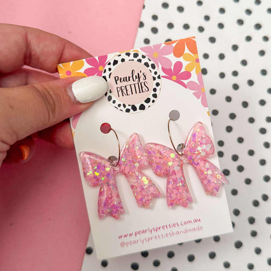 Bonnie Bow dangle hoop earrings pale pink sparkle