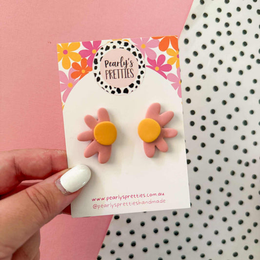 Daisy Daze Polymer Clay statement Stud earring - Dusty Pink/Mustard