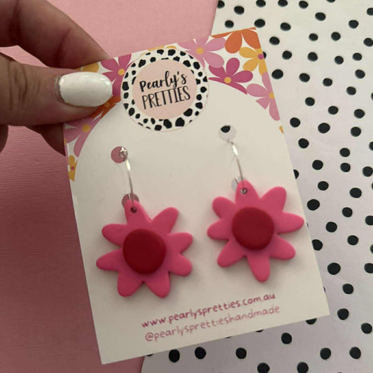 Daisy Daze Polymer Clay Dangle hoop earrings - Pink/Red
