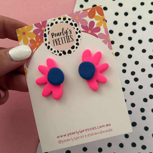 Daisy Daze Polymer Clay statement Stud earring - Fluro Pink/blue