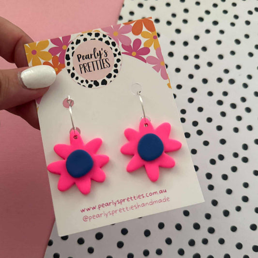 Daisy Daze Polymer Clay Dangle hoop earrings - Fluro pink/blue