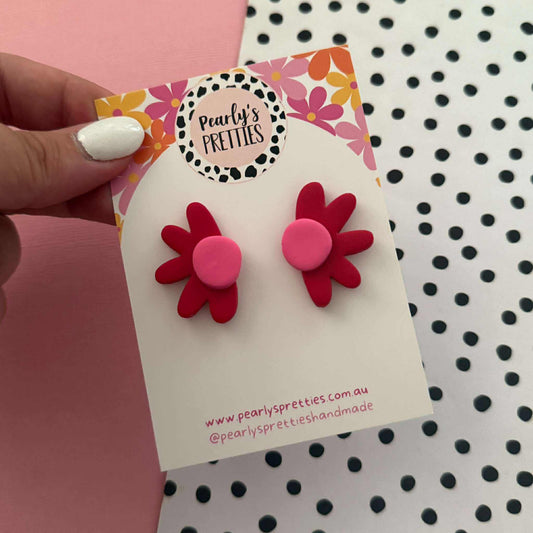 Daisy Daze Polymer Clay statement Stud earring - Red/Pink