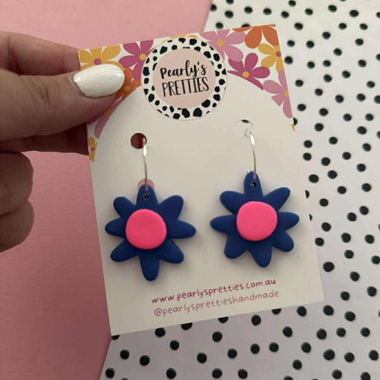 Daisy Daze Polymer Clay Dangle hoop earrings - Blue/ Fluro pink
