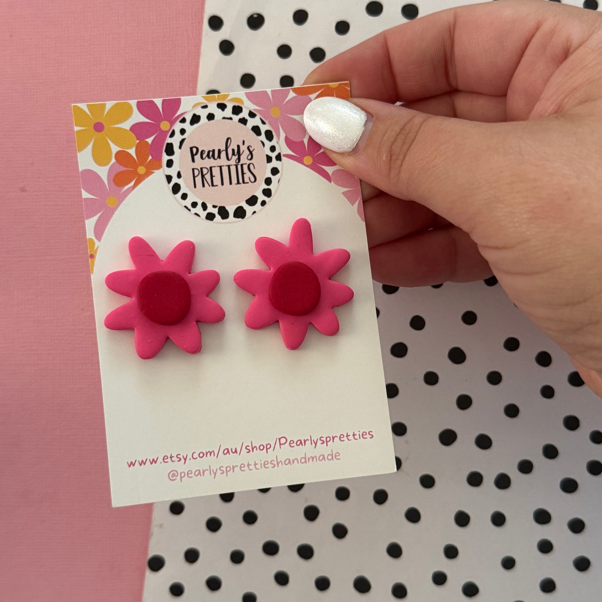 Daisy Daze Polymer Clay statement stud earrings - pink/red