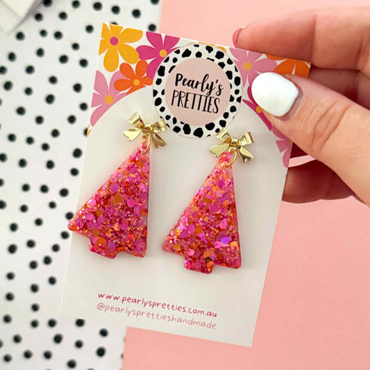 Pink and orange Christmas tree dangle earrings- bow or star top