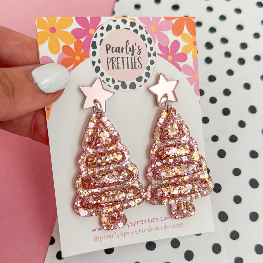 Bubble trees- Christmas tree dangle earrings- rose gold glitter