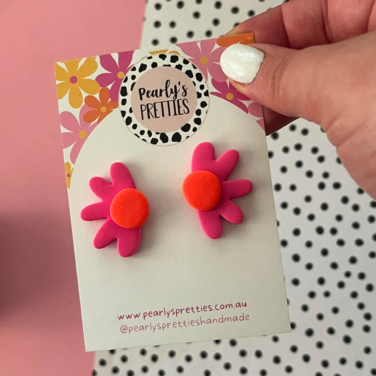 Daisy Daze Polymer Clay statement Stud earring - pink/orange