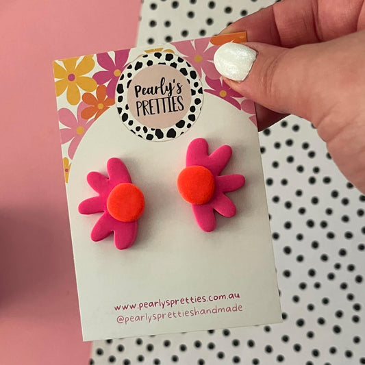 Daisy Daze Polymer Clay statement Stud earring - Pink/orange