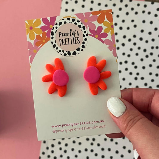 Daisy Daze Polymer Clay statement Stud earring - orange/pink