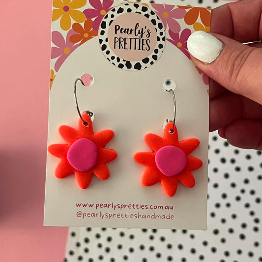 Daisy Daze Polymer Clay Dangle hoop earrings - Orange/pink