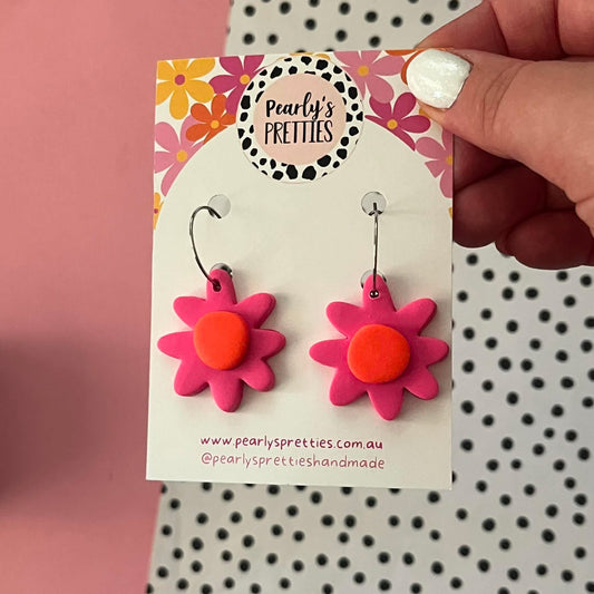 Daisy Daze Polymer Clay Dangle hoop earrings - Pink/orange