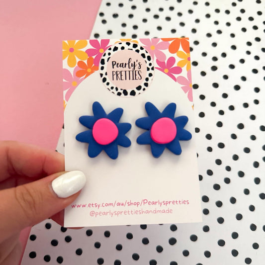 Daisy Daze Polymer Clay statement stud earrings - blue/Fluro pink/