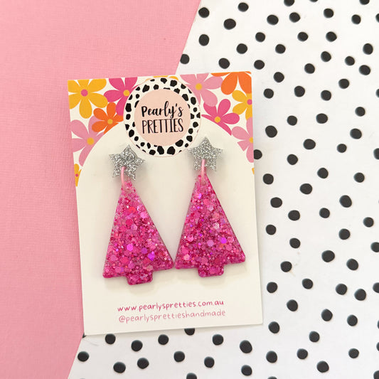 bright pink Christmas tree dangle earrings