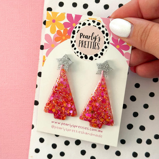 orange and pink Christmas tree dangle earrings