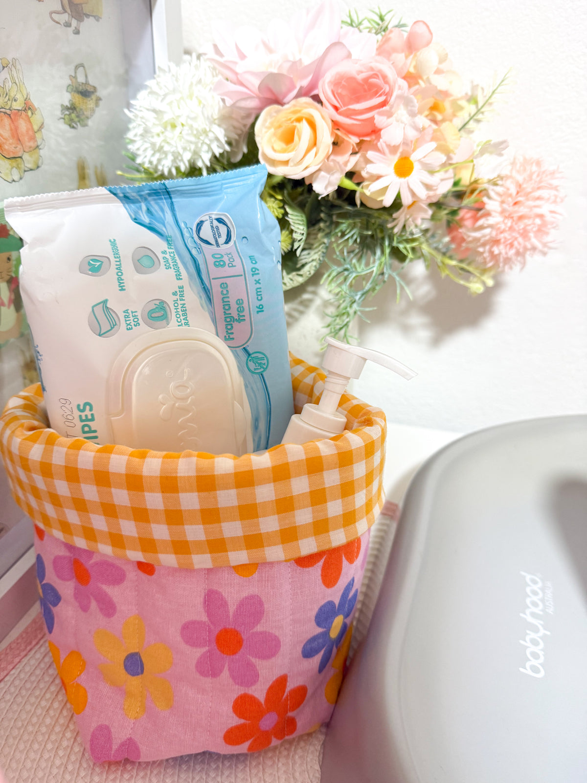 Puffy fabric bucket- vanity bucket Blossom pop/pink gingham