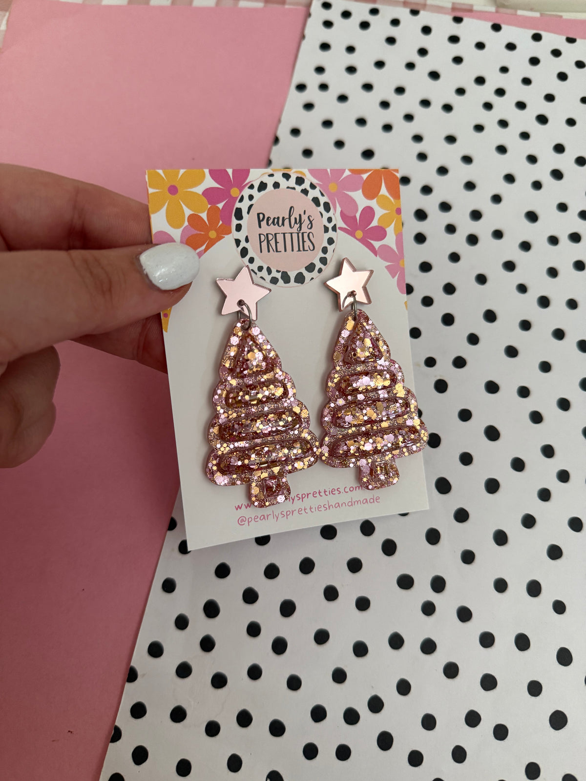 Bubble trees- Christmas tree dangle earrings- rose gold glitter