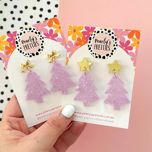 Lilac Christmas tree dangle earrings- bow or star top