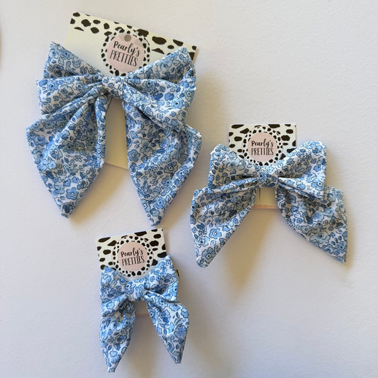 Fabric Bow Hair Clip | Handmade Hair Accessory – Small, Regular & Large - Blue floral ditsy garden print