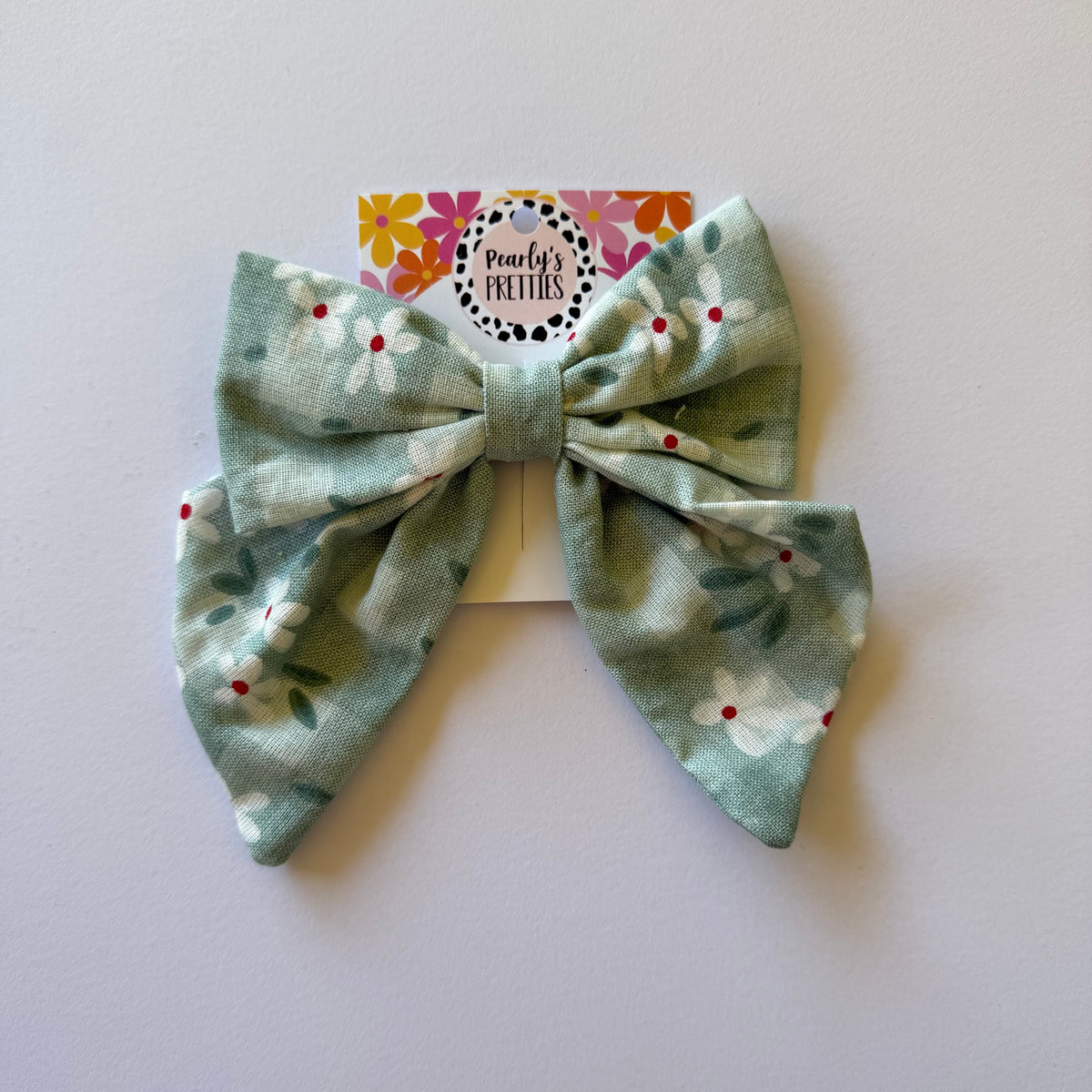 Fabric Bow Hair Clip | Handmade Hair Accessory – Small, Regular & Large - green floral gingham hairbow