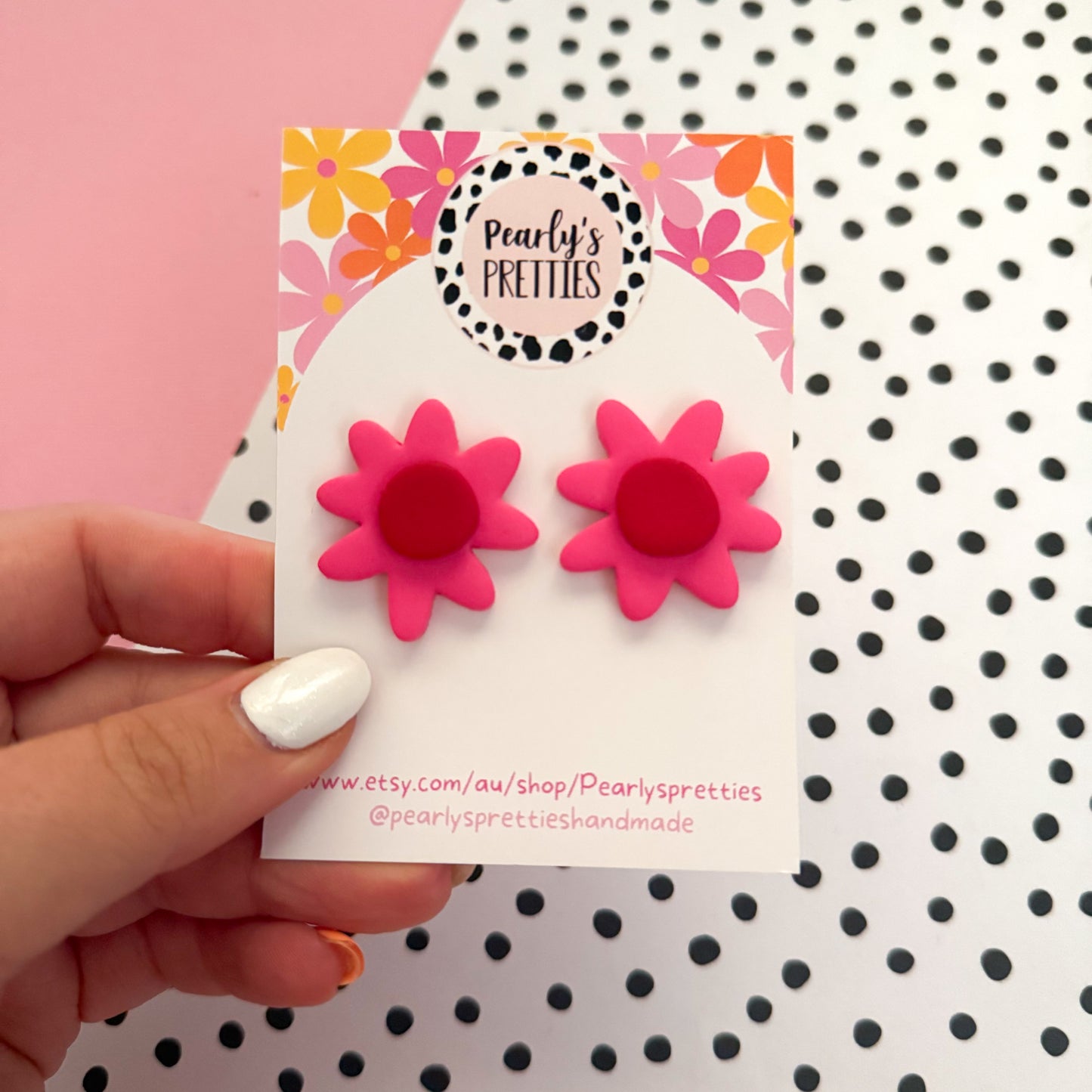 Daisy Daze Polymer Clay statement stud earrings - pink/red