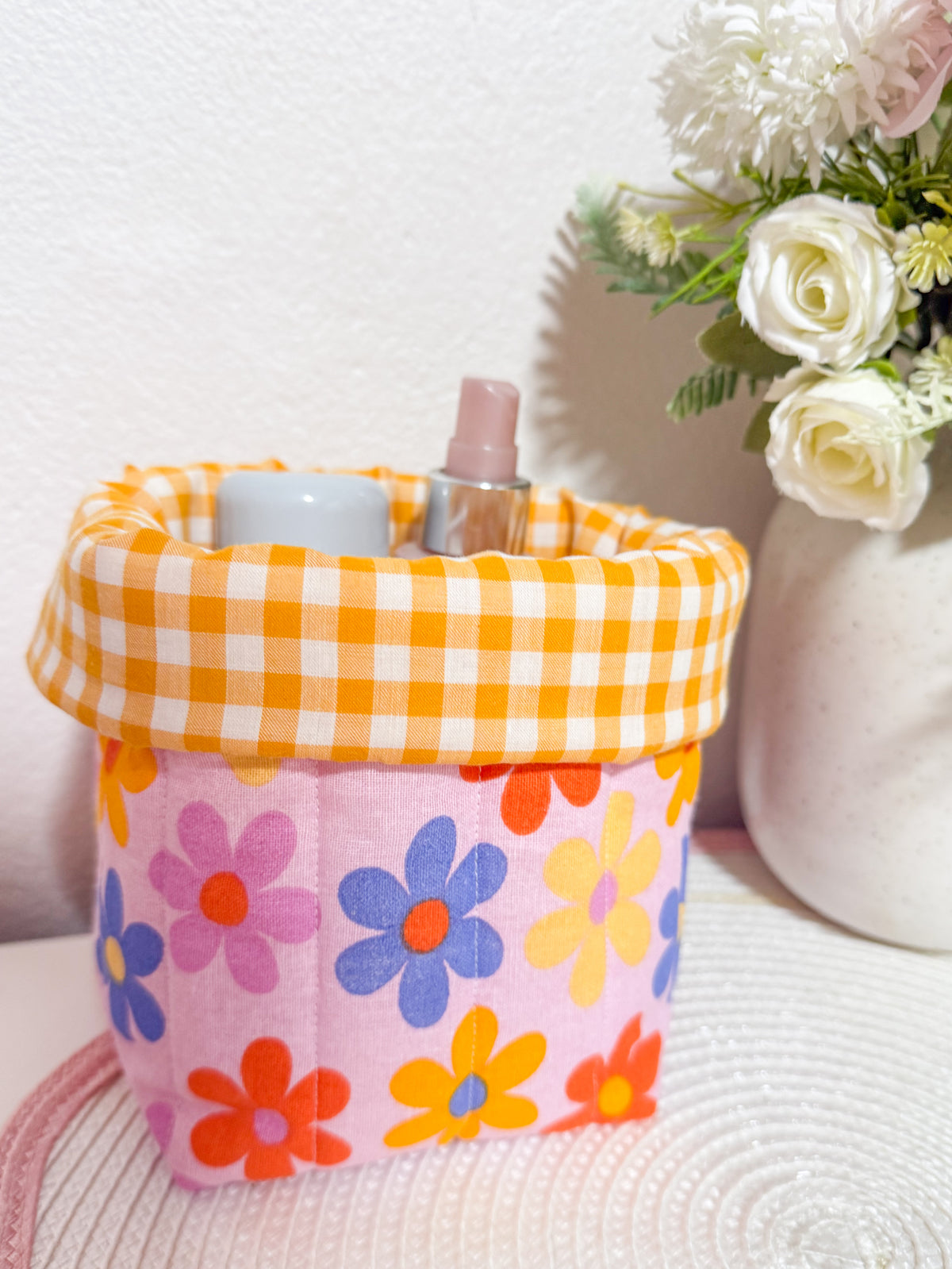 Puffy fabric bucket- vanity bucket Happy daisy/yellow gingham
