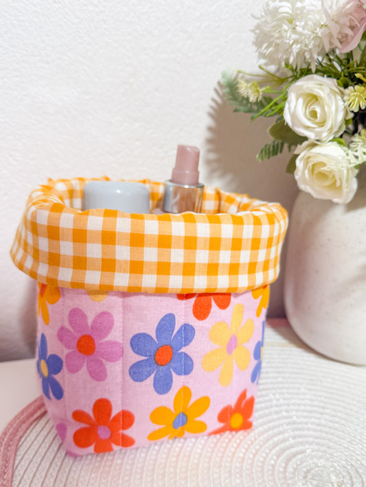 Puffy fabric bucket- vanity bucket Happy daisy/yellow gingham