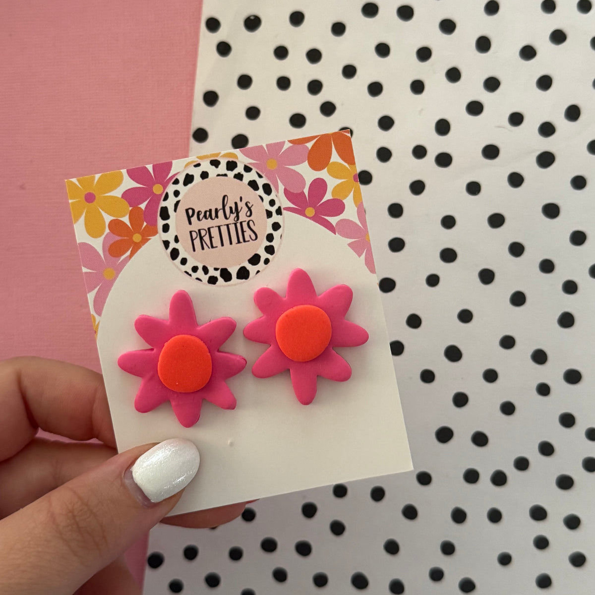 Daisy Daze Polymer Clay statement stud earrings - pink/orange