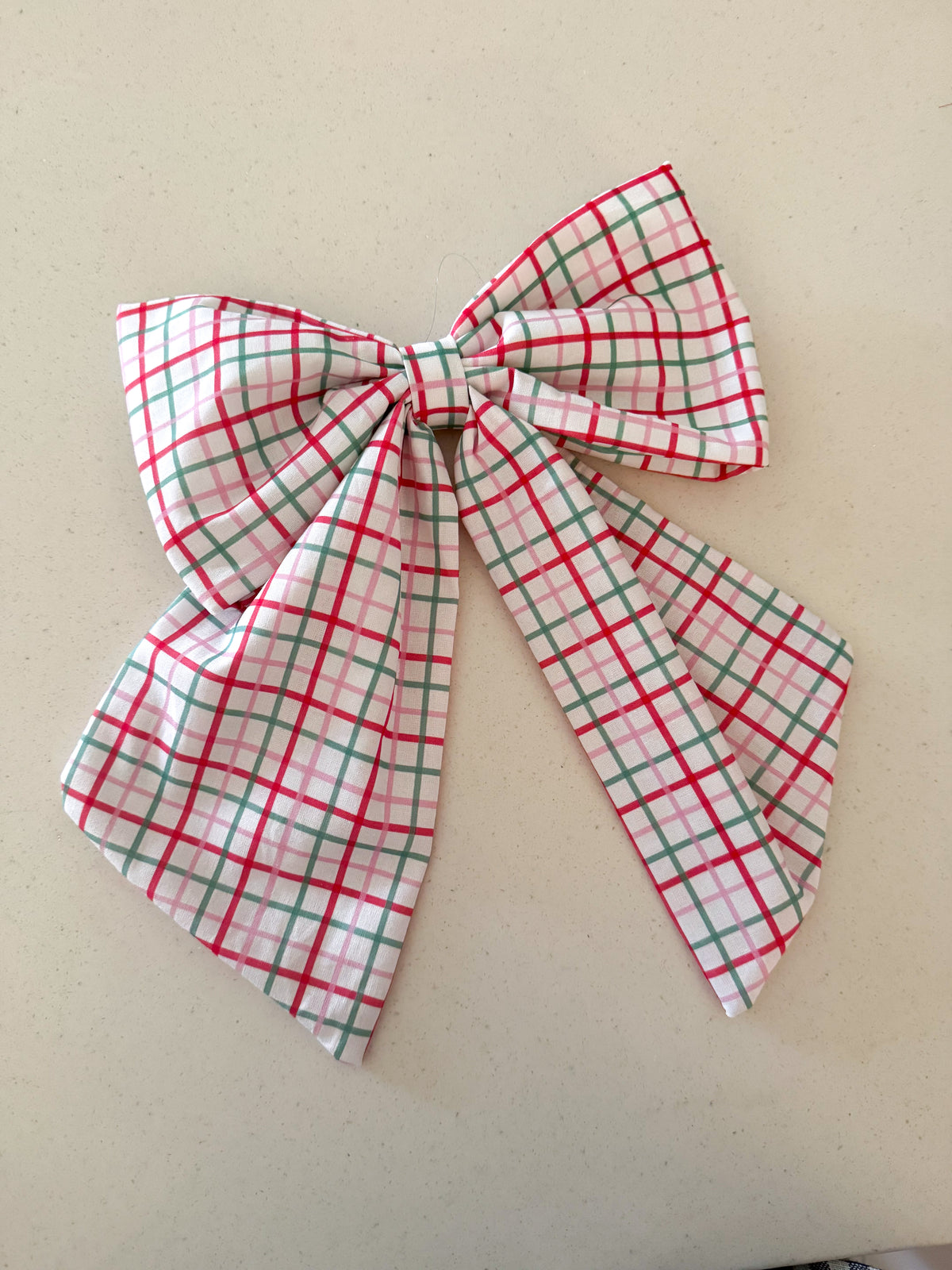 Decorative Fabric Holiday Bow- 'joy' fabric - pink, green and pink plaid