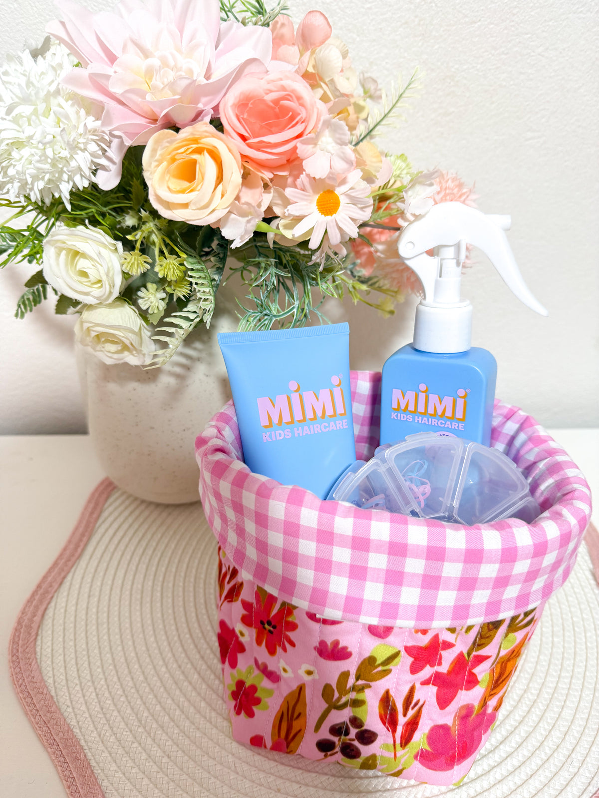 Puffy fabric bucket- vanity bucket Blossom pop/pink gingham