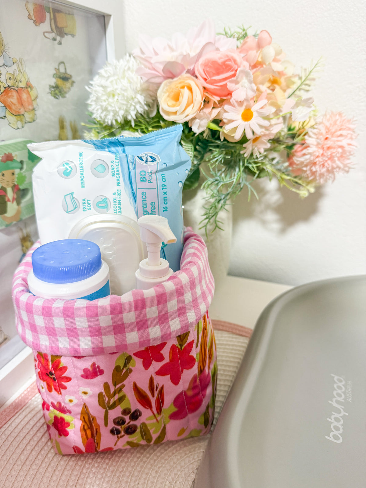 Puffy fabric bucket- vanity bucket Blossom pop/pink gingham