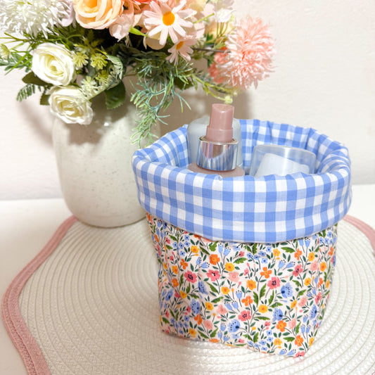 Puffy fabric bucket- vanity bucket Ditsy floral/blue gingham