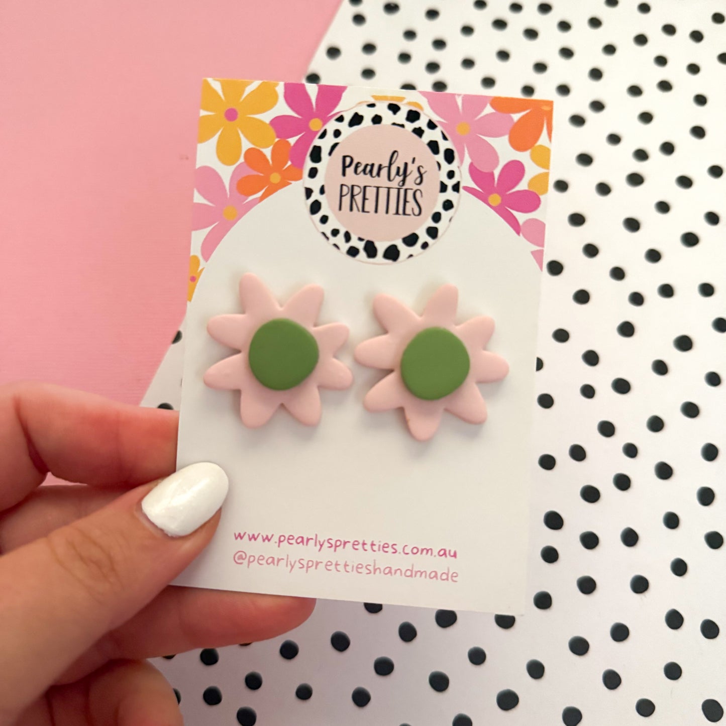 Daisy Daze Polymer Clay statement stud earrings - pale pink/olive