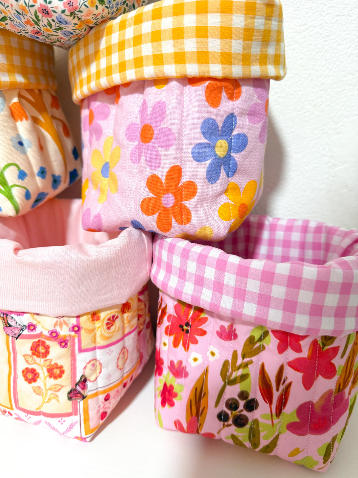 Puffy fabric bucket- vanity bucket Garden party/pink gingham