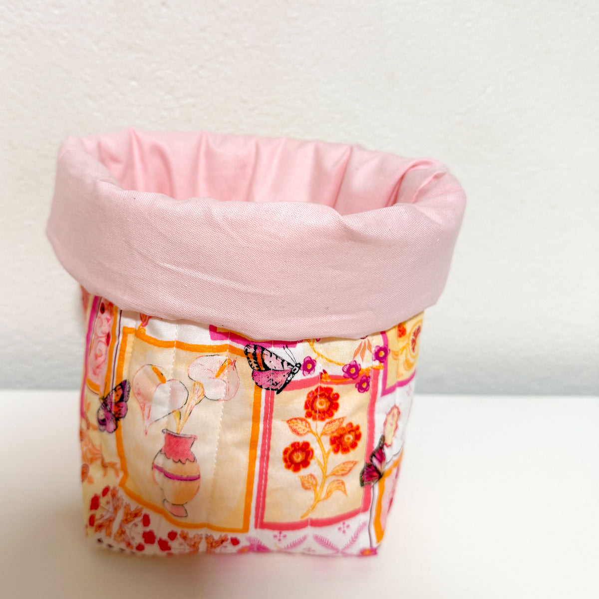 Puffy fabric bucket- vanity bucket secret garden/ pale pink