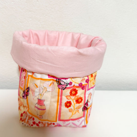 Puffy fabric bucket- vanity bucket secret garden/ pale pink