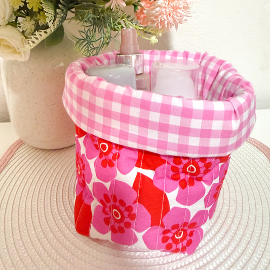 Puffy fabric bucket- vanity bucket Blossom pop/pink gingham