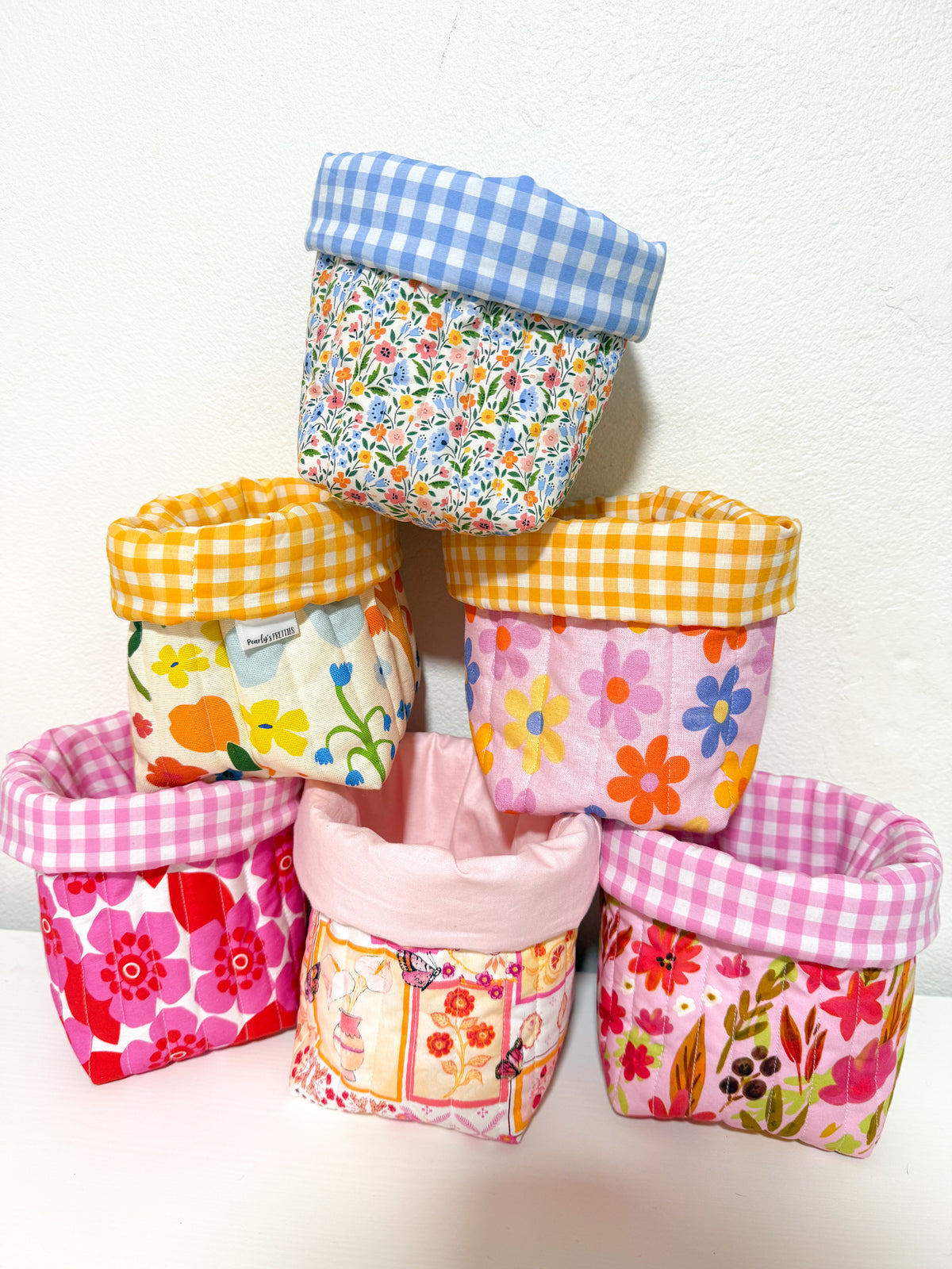 Puffy fabric bucket- vanity bucket Blossom pop/pink gingham