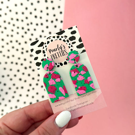 Dangle earrings 054 - Polymer Clay Pink and green