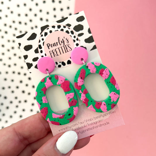 Dangle earrings 053 - Polymer Clay Pink and green