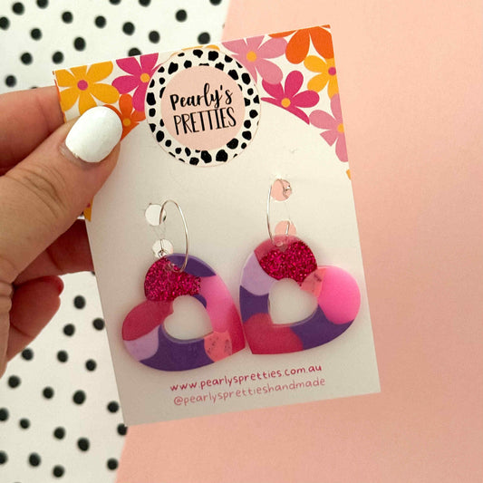 Heart hoop dangle earrings- Berry Blush 03