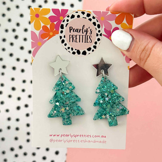 teal Christmas tree dangle earrings- star top