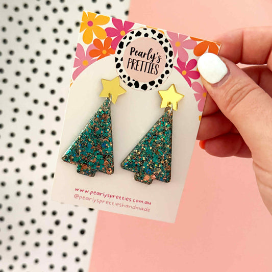 jade and gold Christmas tree dangle earrings- star top