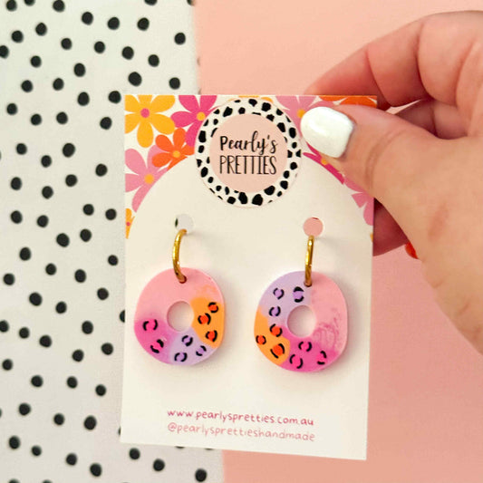 Huggie hoop  pink, lilac and orange dangle earring