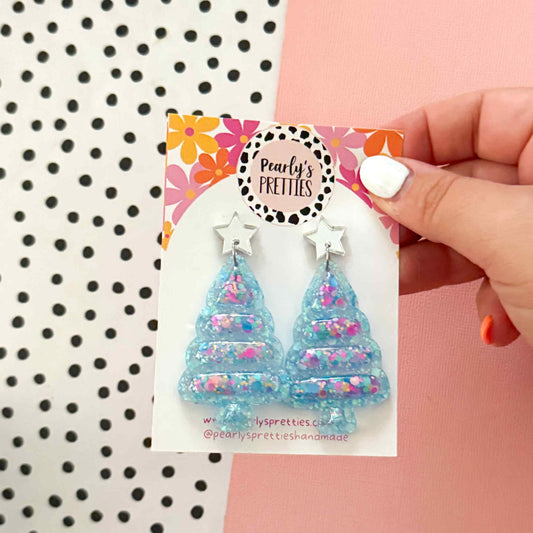 Bubble trees- Christmas tree dangle earrings- ice blue confetti