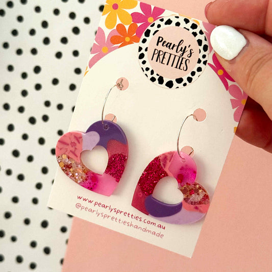 Heart hoop dangle earrings- Berry Blush 02