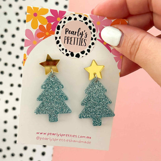 Light blue Christmas tree dangle earrings- star top