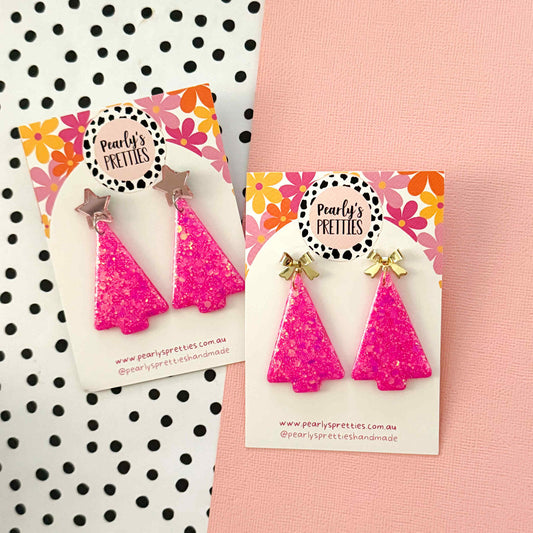 Hot pink Christmas tree dangle earrings- bow or star top